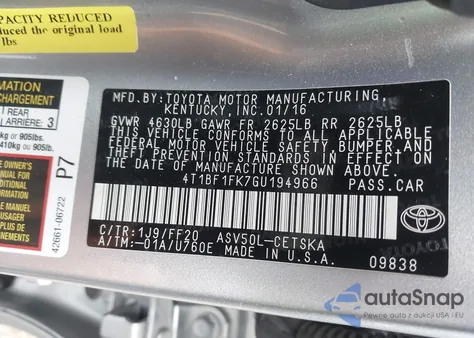 2016 Toyota Camry Se from USA, damaged, VIN 4T1BF1FK7GU194966